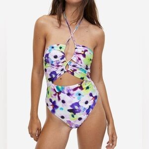 H&M Floral Cut Out High Leg Halter One-Piece Swimsuit